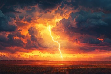 Thunderstorm with lightning bolt and dramatic storm clouds over a field at sunset