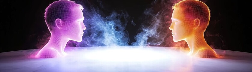Two abstract human figures with glowing particles emerging from a misty background, representing connection and communication, Conceptual workspace with glowing holograms