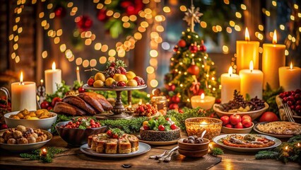 Fototapeta premium Low Light Christmas Buffet Photography: Festive Food, Delicious Treats, Holiday Feast