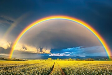 Naklejka premium A complete and double rainbow after a thunderstorm over a cultivated landscape in the Palatinate