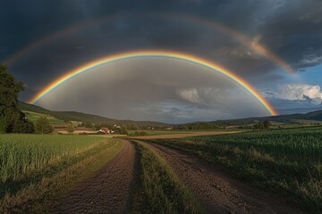 Naklejka premium A complete and double rainbow after a thunderstorm over a cultivated landscape in the Palatinate