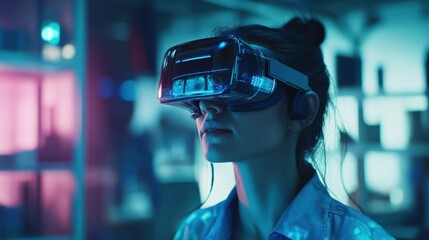 Students working with virtual reality glasses in creative university office - Young people using new technology - Focus on last woman headset - Tech,startup,youth,future and design concept