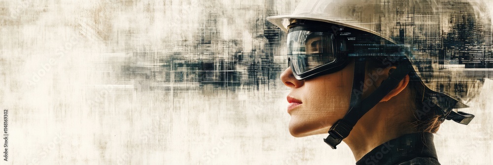 Aufkleber profile of a person in a safety helmet and goggles with an abstract cityscape in the background refl