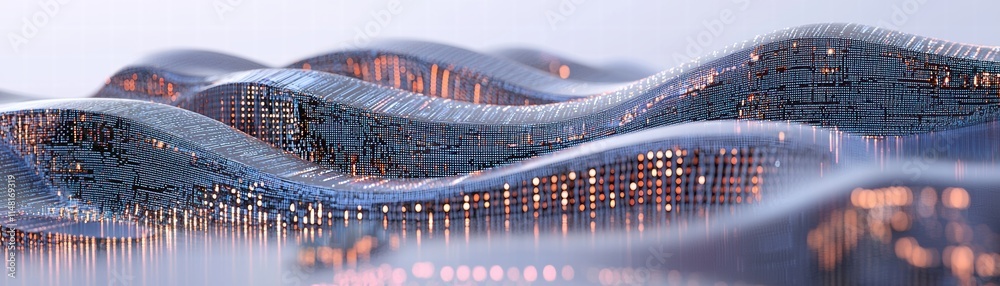 Poster abstract digital landscape with flowing waves and illuminated patterns, ai-driven pipeline concept i