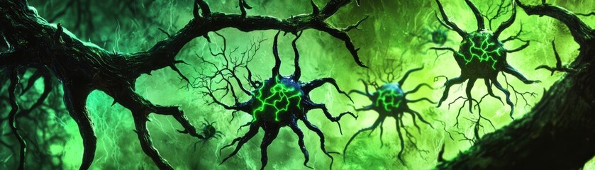 Neurons in a vibrant green environment, illustrating cellular connections and biology, AI-driven pipeline conceptual image