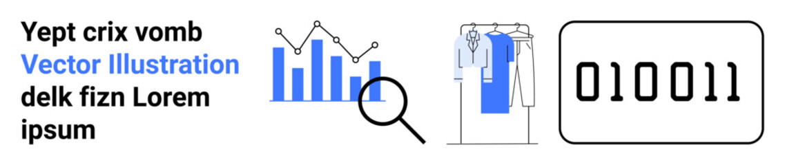 Blue bar graph with magnifying glass, fashion design elements including clothing, binary code 010011, and placeholder text. Ideal for data analysis, technology, fashion, coding, research