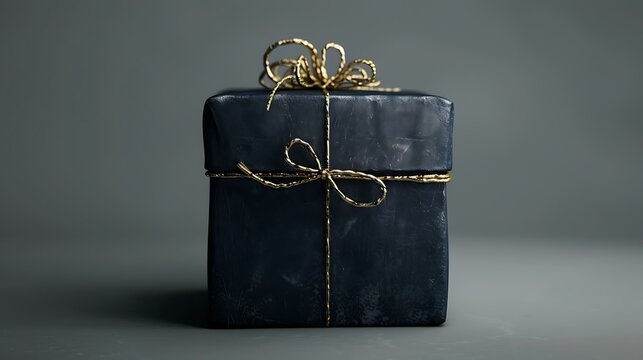 Against a gray origin a dark blue present package with gilded satin string
