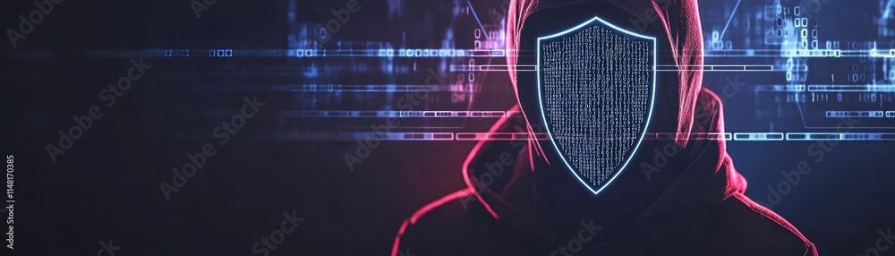 Poster mysterious figure in a hoodie with a digital mask representing cybersecurity and anonymity, futurist