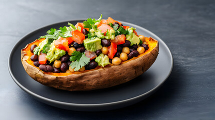 Baked sweet potato filled with black beans and chickpeas, a nutritious and delicious vegetarian meal showcasing wholesome ingredients, perfect for a healthy lunch or dinner, offering a blend of flavor