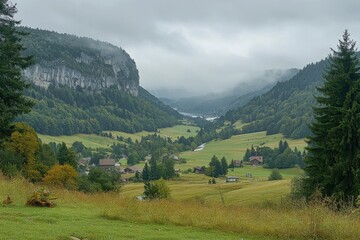 Fototapeta premium Mountain valley during sunset. Natural summer mountain landscape. Forest and mountans. Mountain-image... Beautiful simple AI generated image