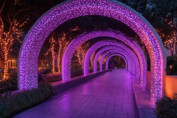 A vibrant pathway adorned with purple lights and arches, creating a magical atmosphere.