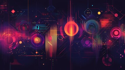 Obraz premium Abstract Digital Background Featuring Vibrant Geometric Shapes, Colorful Lines, and Futuristic Elements for Technology or Art Concepts