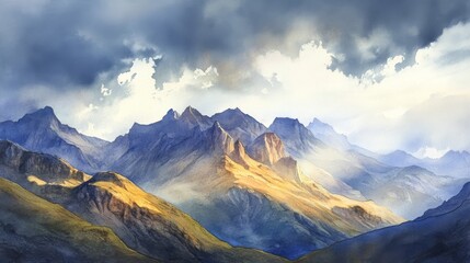 Obraz premium Stunning mountain range with dramatic clouds and sunlight casting over peaks, creating a serene and breathtaking landscape.