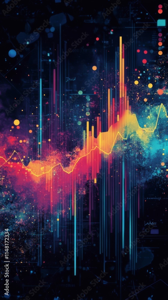 Poster a colorful graph with a red line. the graph is in the middle of the image. the graph is surrounded b