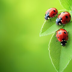 Fototapeta premium Agricultural pest damage and prevention. Three ladybugs on green leaves against a blurred background.