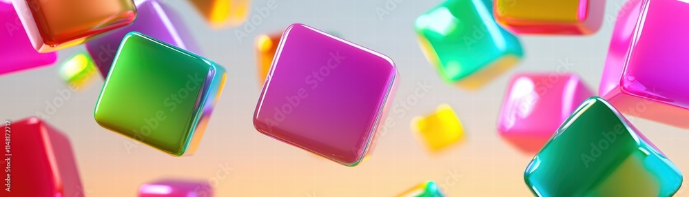 Poster colorful cubes float in a vibrant, abstract background, creating a playful and dynamic visual effect
