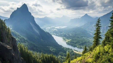 Fototapeta premium Panoramic view of a serene mountain lake nestled in a lush green valley, surrounded by majestic peaks and coniferous forests under a partly cloudy sky.