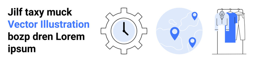 Gear clock symbolizing time management, map with location pins displaying global navigation, clothing rack indicating organization. Ideal for business efficiency, logistics, time planning, travel