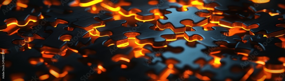 Poster abstract glowing puzzle pieces in dark tones, creating a mysterious and intriguing visual effect, vi