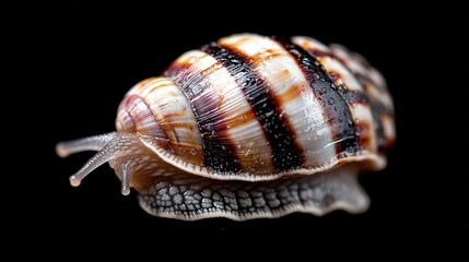 Obraz premium Close-up of a snail with a striped shell on a black background.