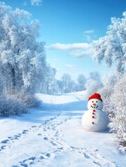 Fototapeta premium Snowy Landscape with Snowman and Clear Blue Sky in Winter Scene