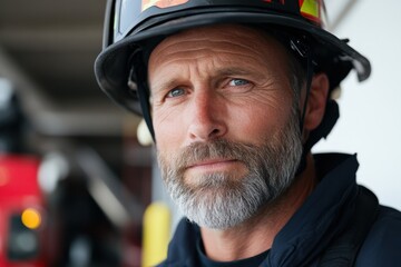 Obraz premium A dedicated firefighter in uniform stands confidently, captured in a moment of focus and determination, ready to face challenges that come with his brave profession.