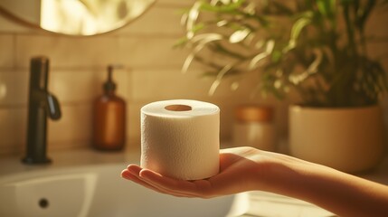 A hand presenting a neatly rolled toilet paper on a bathroom counter with plant and brown dispenser in background