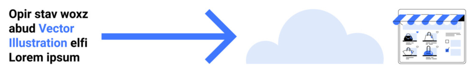 Blue arrow directs from text to cloud symbol and storefront icon, suggesting transition or migration. Ideal for cloud computing, digital transformation, online business, technology services, data