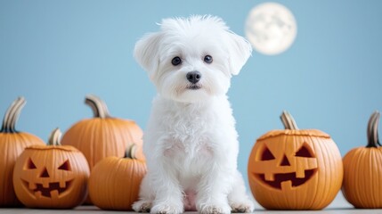 Adorable white dog sits among Halloween pumpkins under a moonlit sky.