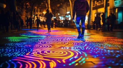 Night City Street Illuminated Colorful Projected Swirls