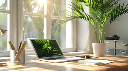 Fototapeta premium An imaginative home office design complete with a tablet a planner and a potted palm