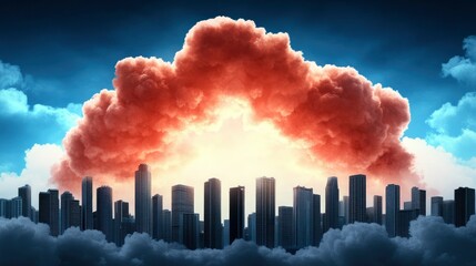 Fototapeta premium Cityscape Under a Dramatic Red Cloud - Apocalyptic or Hopeful Urban Scene