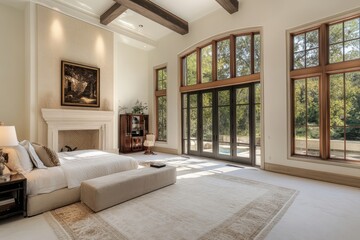 Large bedroom with a fireplace, a bed, and a couch. Banner