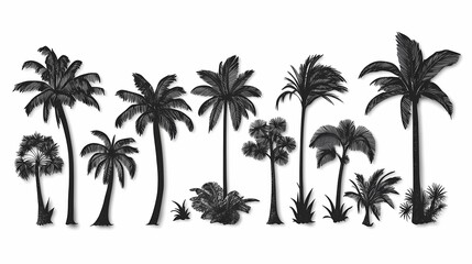 Black and White Illustration of Diverse Palm Trees and Tropical Plants for Design, Nature, Background, and Decoration Purposes in Various Styles and Forms
