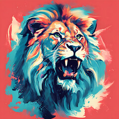 design a roaring lion with a cub beside it both emerging from splashes of bright teal and coral