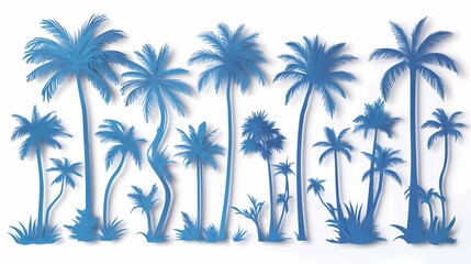 Blue Silhouette of Tropical Palm Trees Against a White Background, Perfect for Summer Themes, Vacation Ideas, and Beach Related Designs
