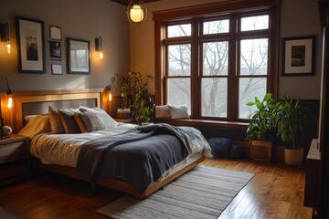 Bedroom with a bed, a window, and a plant. Banner