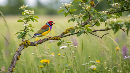 A captivating image showcasing the vibrant plumage of a Gouldian Finch perched on a flowering branch
