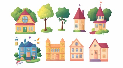 Fototapeta premium Colorful and Charming House Illustrations Featuring Various Architectural Styles and Lush Greenery for Creative Projects and Design Needs