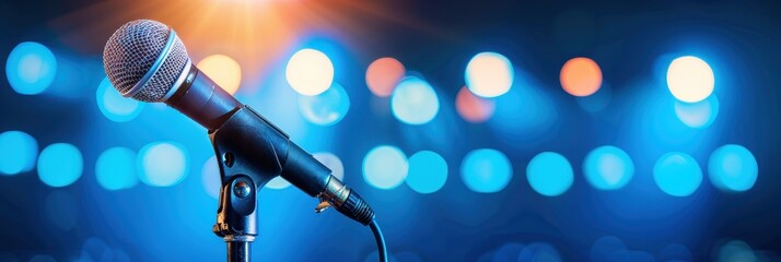 Obraz premium A close-up of a microphone against a blurred blue background with vibrant lights, perfect for music or performance themes.