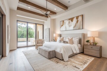Large bedroom with a white bed, a white rug, and a white dresser. Banner