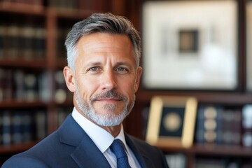 Fototapeta premium A confident businessman stands with poise in front of a chic office bookshelf, embodying professionalism and success in his smart attire and distinguished presence.