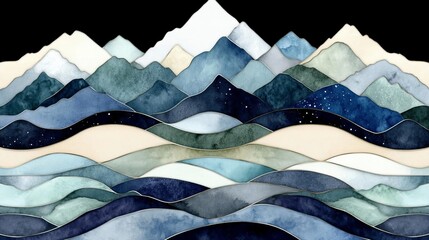 Serene Watercolor Mountainscape with Celestial Details