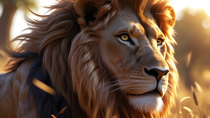 Fototapeta premium Majestic Lion in the Golden Afternoon A Hyper-Realistic Portrait