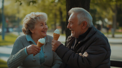 Fototapeta premium Happy older couple sharing an ice cream cone on a park bench, playful smiles and soft afternoon sunlight