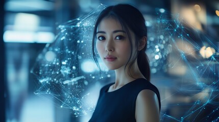 Japanese Girl with AI Agent Connection in the Background