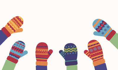 Set cozy winter gloves. Cute mittens. Winter clothes.
