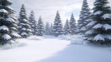Naklejka premium Serene Winter Forest Landscape Snow Covered Pines