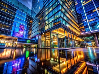 Fototapeta premium Low Light Urban Modern Architecture Photography, Night Cityscape Building, Neon Lights, Dark City, Modern Building Facades, City at Night