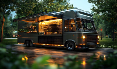 A stylish food truck illuminated at night, set in a park, offering a cozy dining experience.